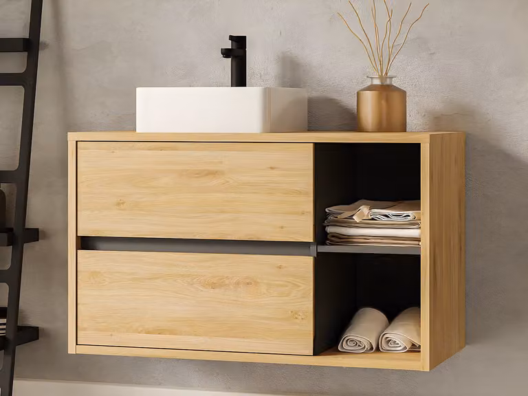 Mueble de baño suspendido Vente-Unique Shower Design en color roble con lavabo, An/P/Al: 100 x 45,5 x 59,8 cm