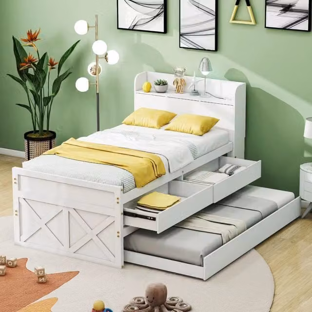 Cama Nido MODENVIE de Madera Maciza en Blanco con Cama Extraíble, 2 Cajones, Puerto USB y Mesita con Estantes, An/P/Al: 90 x 190 x 105 cm