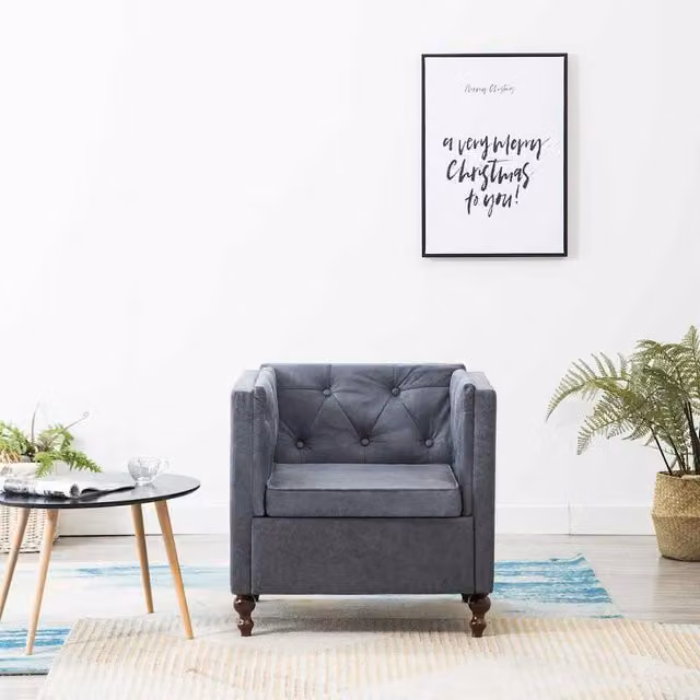 Sillón Chesterfield de Tela Gris Vidaxl con Estructura de Madera y Reposabrazos