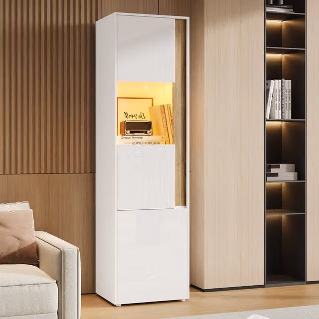 Vitrina alta MODFU con iluminación LED regulable y 2 puertas, color blanco y beige, An/P/Al: 50 x 40 x 179 cm