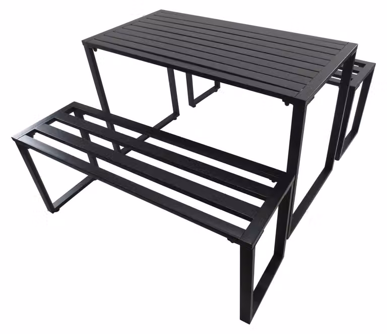 Juego de jardín de 3 piezas Northio en acero negro con mesa rectangular y dos bancos de metal para exterior