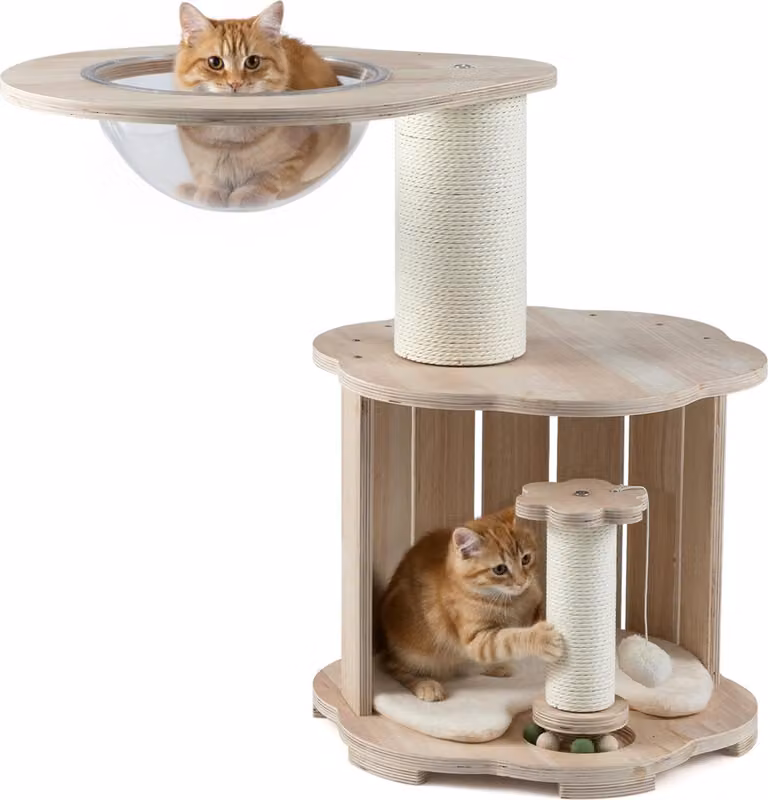 Árbol para gatos Northix de madera de tres niveles con cápsula transparente, cueva y juguetes integrados en colores beige y multicolor