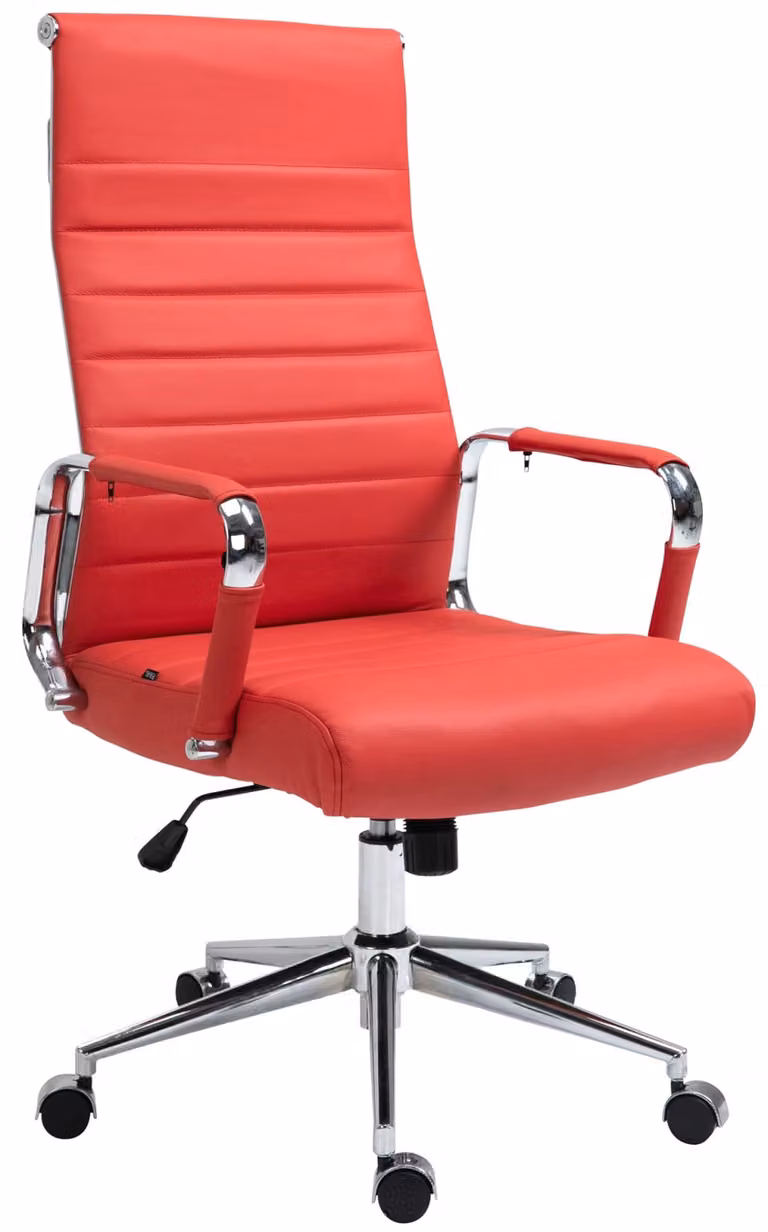 Silla de oficina ejecutiva giratoria moderna en cuero rojo con reposabrazos y ruedas