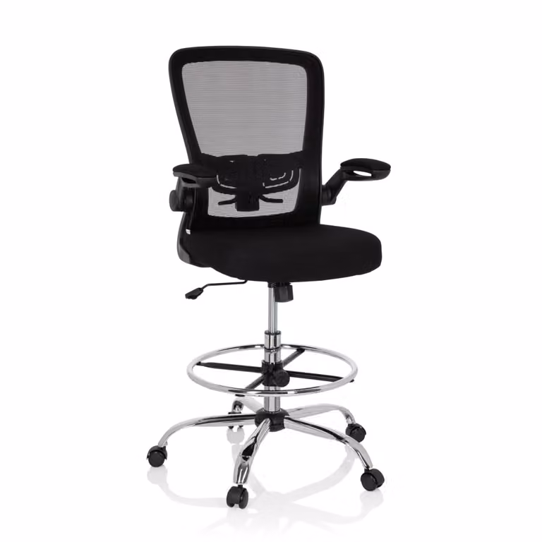 Silla de mostrador y taburete de trabajo hjh OFFICE en color negro con tejido de malla, reposacabezas, ajuste de peso y aro para los pies