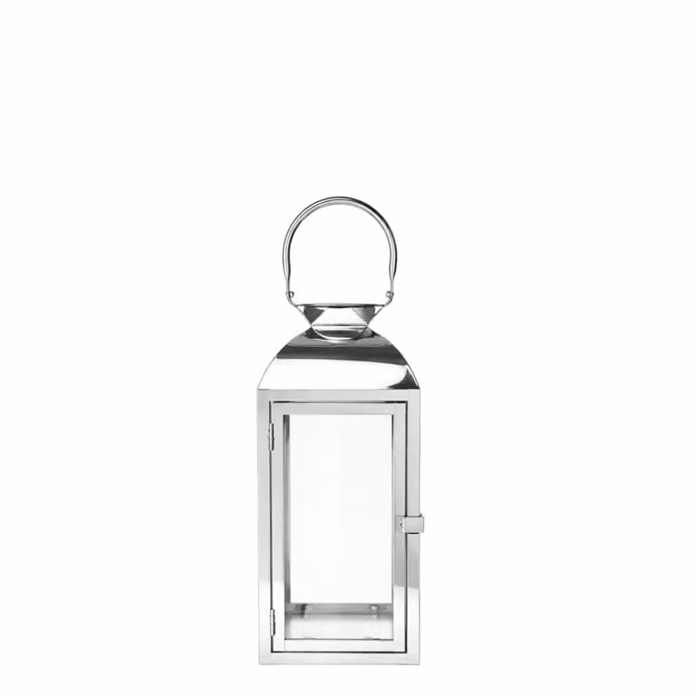 Farol decorativo de mesa Sia Deco en color plata con acabado de vidrio y metal, diseño moderno y redondo, Altura: 35 cm