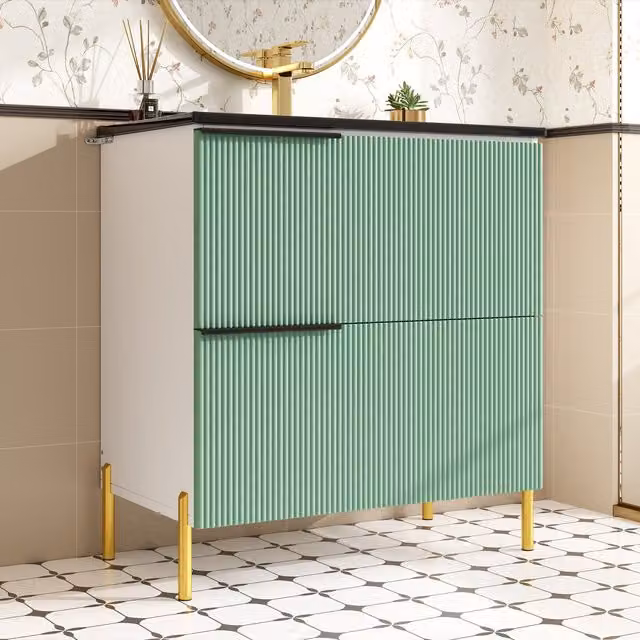Mueble de baño moderno Stilvora con 2 cajones, lavabo de cerámica, acabado verde mate y patas de metal negro, An: 47 cm, P: 27,55 cm, Al: 90 cm