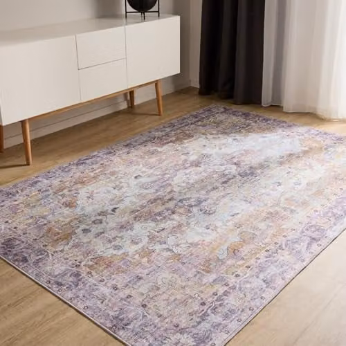 Alfombra Benuta Basic George Multicolor y Violeta, diseño vintage abstracto de fibra sintética lavable, An/P: 200 x 300 cm
