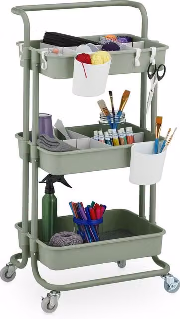 Carrito auxiliar con ruedas Relaxdays de 3 niveles para cocina, baño u oficina, color verde, An/P/Al: 86 x 42,5 x 36 cm