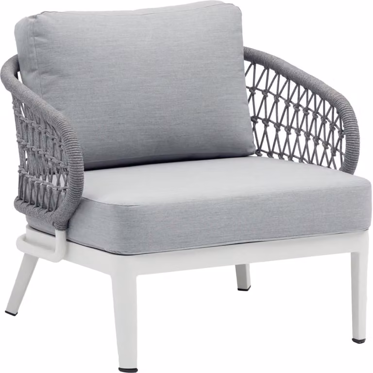 Butaca de una plaza para exterior y jardín PORTMOBEL de aluminio blanco con textil gris claro y cojines incluidos