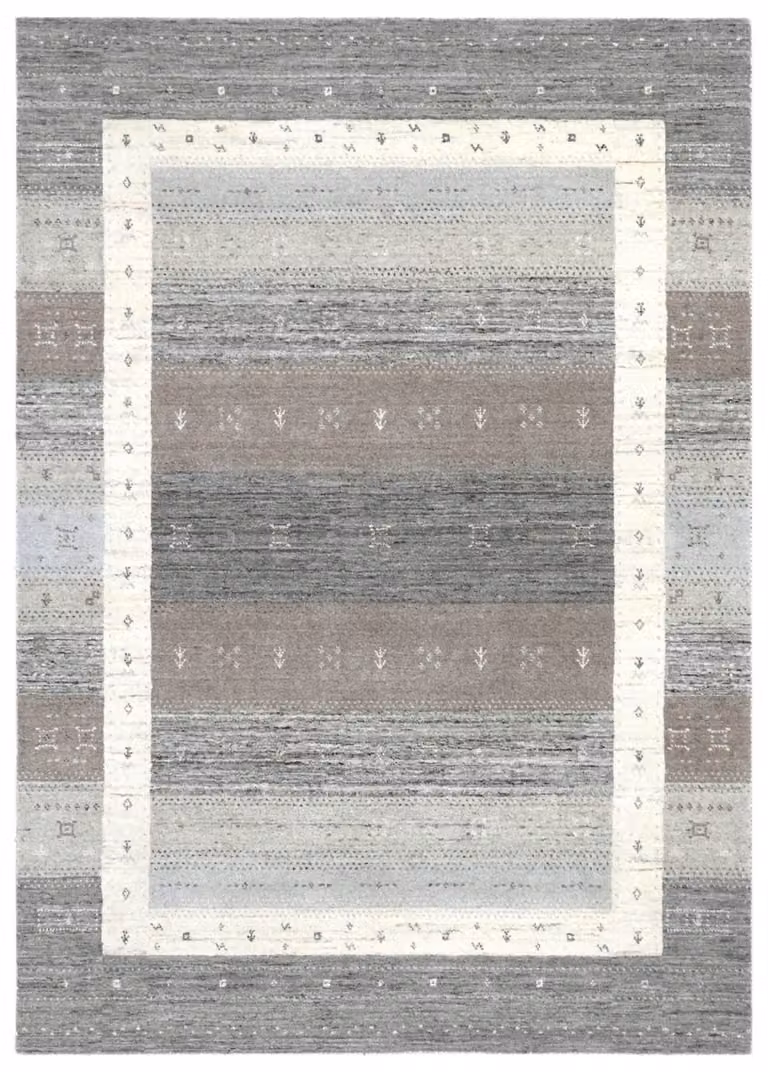 Alfombra Gabbeh de lana tejida a mano de theko en color plata y gris, An/P: 140 x 70 cm