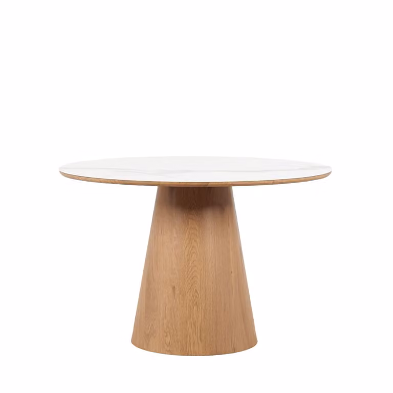 Mesa de comedor redonda Klast Home con efecto mármol y madera en blanco y marrón, An/P/Al: 115 x 75 cm