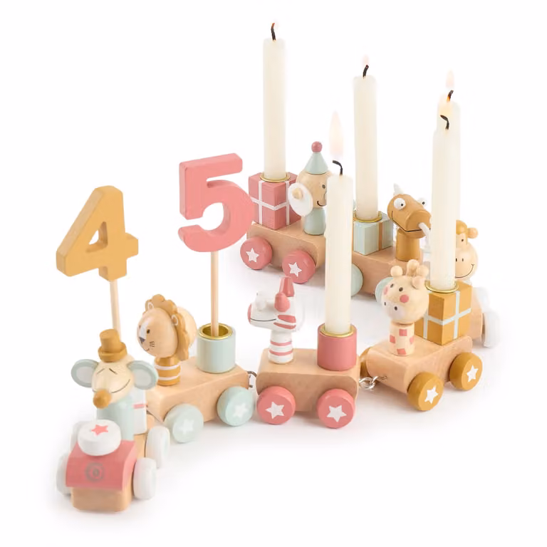 Tren de cumpleaños de madera Bieco multicolor con 6 velas para mesa