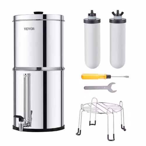 Sistema de filtración de agua por gravedad VEVOR de 8,5 l en acero inoxidable color plata con filtros de carbón y cerámica para reducir plomo y cloro