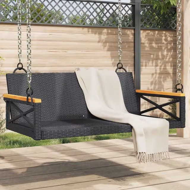 vidaXL Banco columpio de ratán sintético negro con cojines y reposabrazos An/P/Al: 109 x 62 x 40 cm