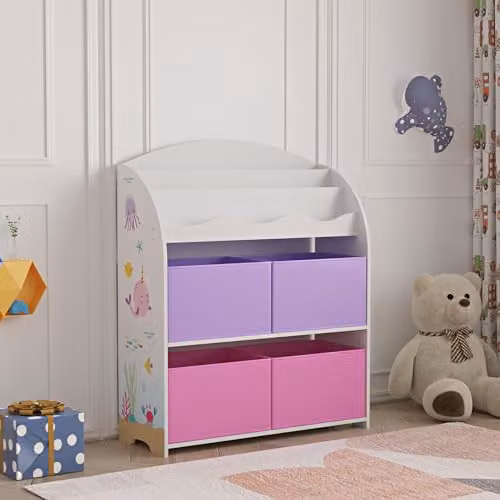 Estantería infantil de 3 niveles con 4 cajas en MDF de en.casa, diseño de motivos abstractos del océano en colores púrpura, rosa y blanco, An/P/Al: 98 x 30 x 83 cm