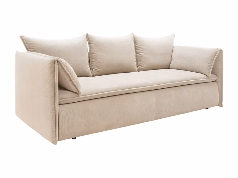 Sofá cama de 3 plazas TEODORA en pana beige con estructura de madera sólida y función de cama extraíble An/P/Al: 218 x 91 x 89 cm