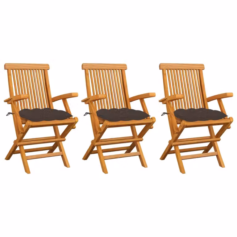 Set de 3 sillas de jardín Syfax de madera de teca con cojines gris y marrón con reposabrazos
