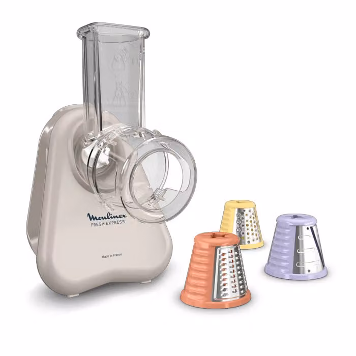 Trituradora de verduras eléctrica Moulinex Fresh Express en gris claro con sistema de extracción directa para triturar, rebanar y rallar