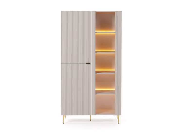 Vitrina de 3 puertas con iluminación integrada y cierre suave en beige y dorado de VENTE-UNIQUE, An/P/Al: 189 x 44,8 x 44,8 cm