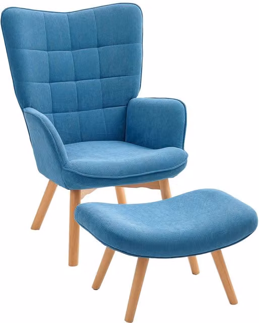 Sillón de orejas con reposapiés NORTHIX en corduroy azul con diseño capitoné y estructura de madera y metal