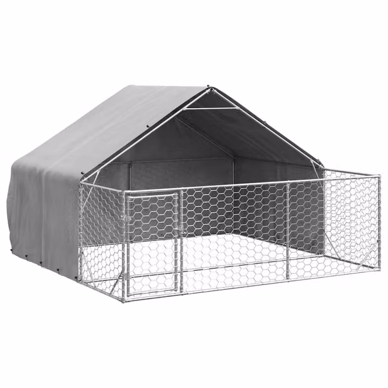 Caseta para perros con corral vidaXL de acero galvanizado resistente a la intemperie, color plata, An/P/Al: 3 x 3 x 1,9 m