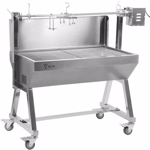 Asador de leña portátil BBQ-Toro de acero inoxidable color plata con motor, sistema rotatorio y ruedas para hasta 55 kg