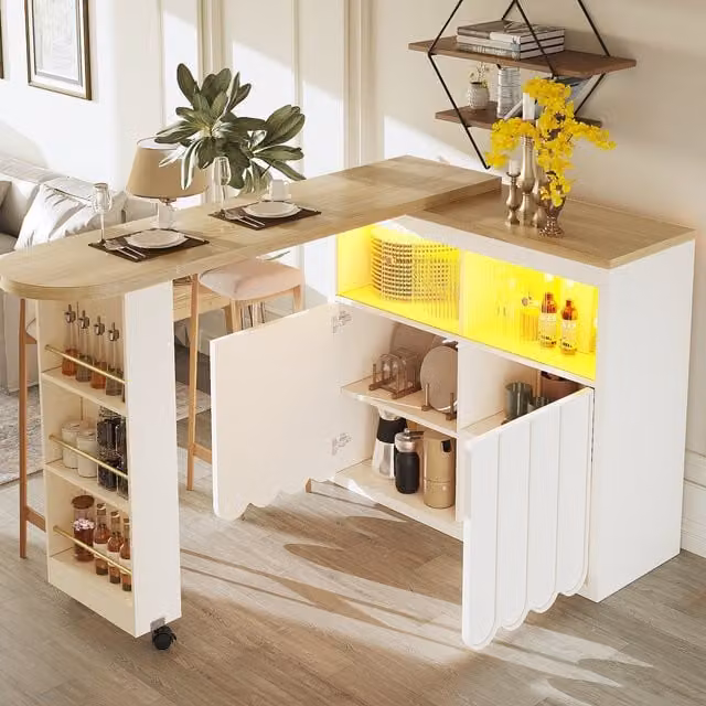 Mesa de bar extensible Stilvora blanca con iluminación LED, almacenamiento integrado, puerta corredera de vidrio y ruedas con freno, An/P/Al: 135-205 x 39 x 100 cm