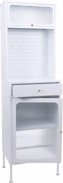 Armario alto Mendler para cocina o salón con puertas de cristal y estantes, color blanco y dorado, Al: 182 cm, An: 54 cm, P: 40 cm