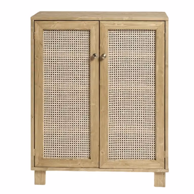 Mueble zapatero Hannun de estilo escandinavo con puertas de mimbre y madera de abeto en colores marrón y beige, Ancho: 120 cm