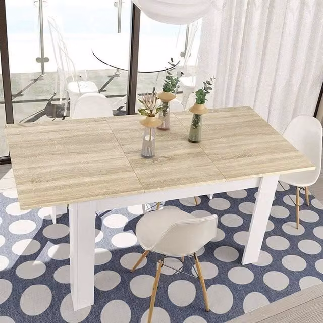 Mesa extensible DMORA de estilo moderno con tapa abatible en acabado roble y blanco, An/P/Al: 140/190 x 90 x 78 cm