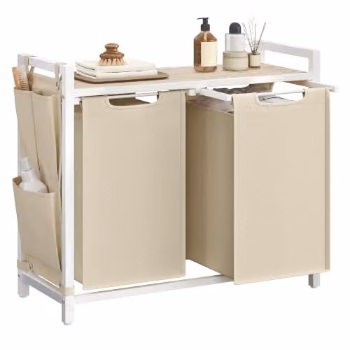 VASAGLE Cesto de ropa sucia con estante y 2 bolsas extraíbles de 46 l cada una, color beige