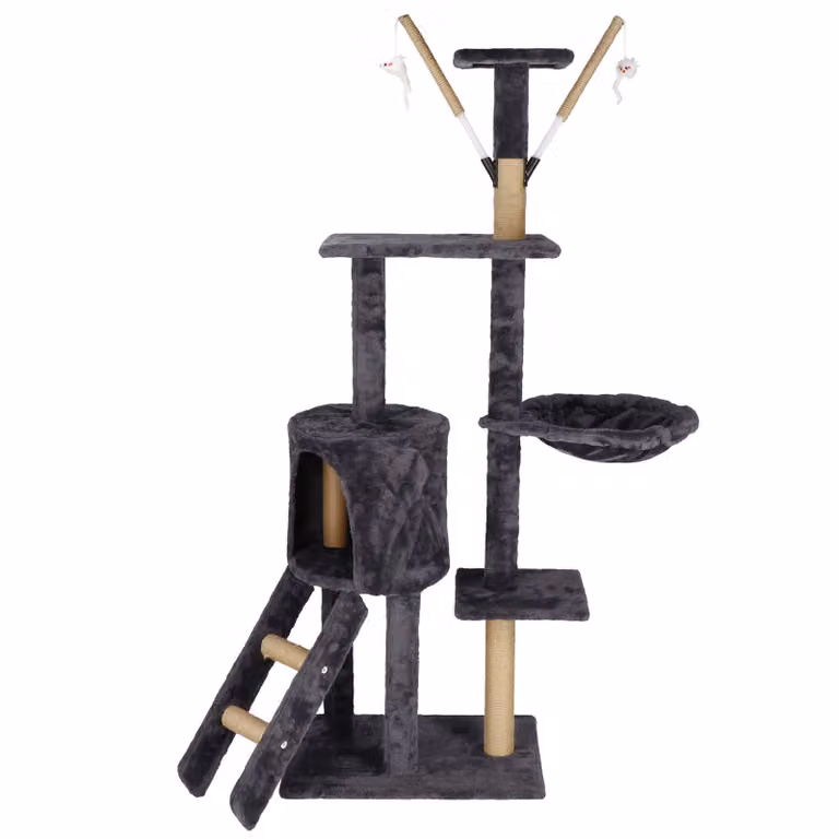 Árbol para gatos Springos con caseta, plataforma y juguetes integrados, color gris, Altura: 145 cm