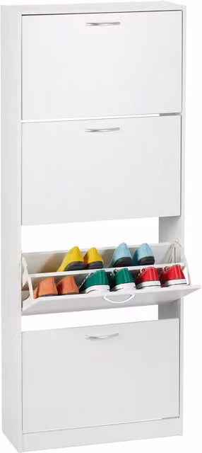 Zapatero estrecho Relaxdays de 4 compartimentos basculantes para 24 pares de zapatos, blanco, Al x An x P: 152 x 60 x 24 cm