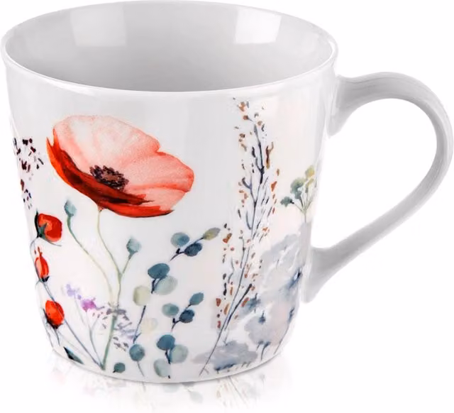Taza de porcelana NORTHIX con diseño floral en blanco y multicolor, capacidad de 430 ml, apta para microondas y lavavajillas