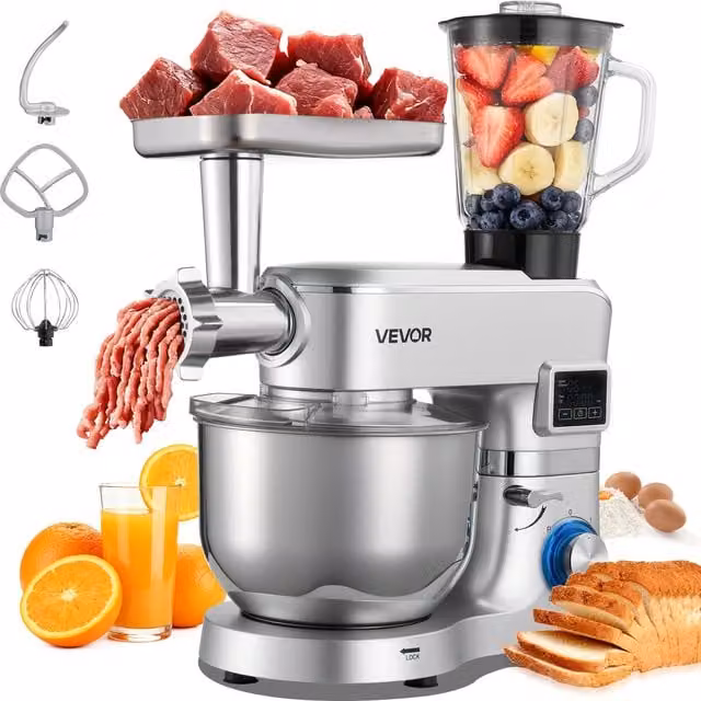 Procesador de alimentos multifuncional VEVOR de 1500 W en color plata, con bol de acero inoxidable de 5,7 l, función pulse y 6 velocidades, incluye gancho amasador, batidor de varillas y batidor de alambre