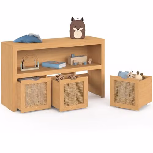 IDMarket Mueble infantil EDHEN de madera y malla con 3 cajones sobre ruedas en color marrón