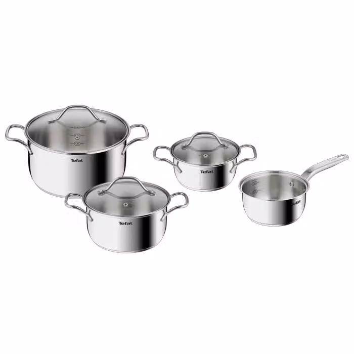 Batería de cocina Tefal Intuition XL de 7 piezas en acero inoxidable y color plata, incluye 3 ollas (16, 20 y 24 cm), 1 cazo (16 cm) y tapas, apta para inducción y apilable