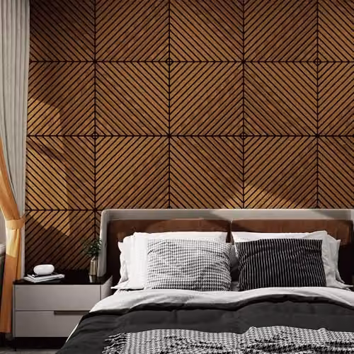 Juego de 12 paneles acústicos decorativos NEU.HOLZ Vang de estilo escandinavo en MDF y fieltro PET, revestimiento mural de listones diagonales color marrón, An/An/Al: 60 x 60 x 2 cm