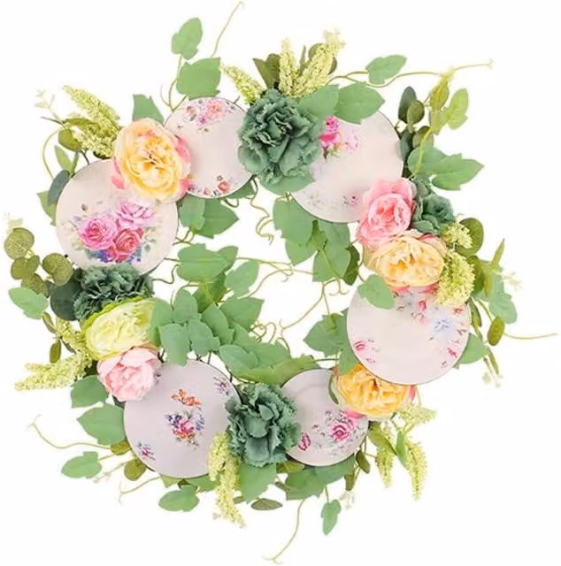 Corona de follaje floral multicolor de XISRENS para decoración de pared o ventana con diseño redondo y acabado en plástico negro