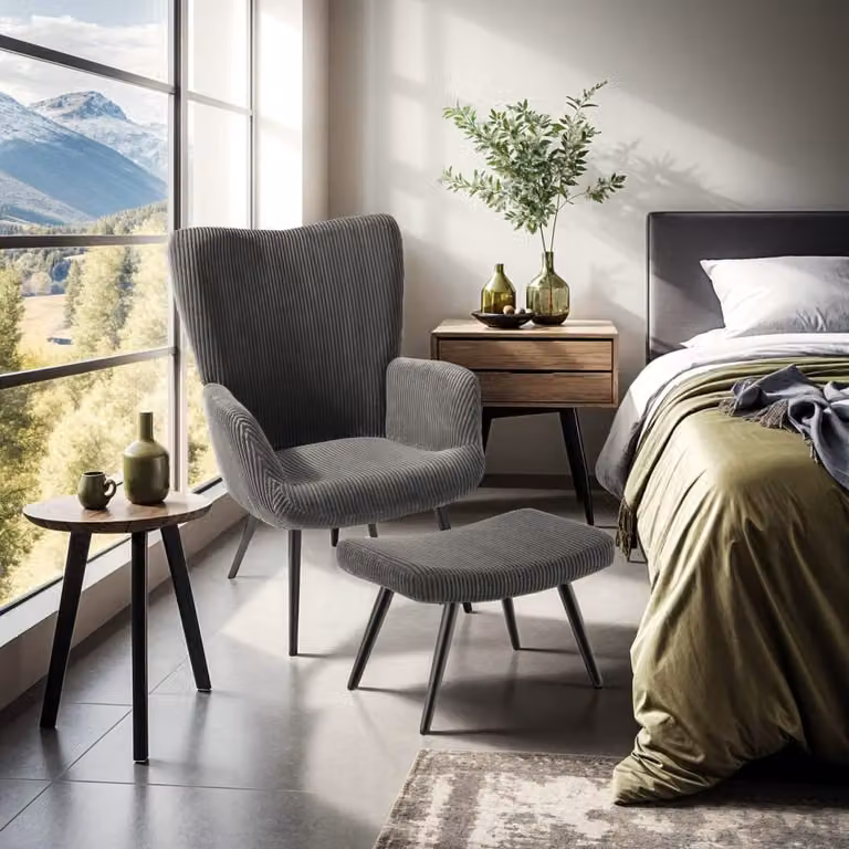 Sillón de diseño hygge TecTake tapizado en corduroy color antracita y negro con reposapiés y estructura de metal An/P/Al: 72 x 76 x 100,5 cm