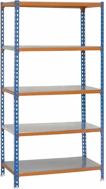 Estantería metálica Simonrack con 5 baldas ajustables en azul, naranja y plata, Al x An x Pr: 180 x 90 x 30 cm