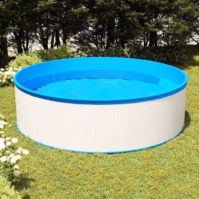 Piscina de chapoteo redonda vidaXL en blanco y azul con estructura de acero y PVC, Diámetro: 350 cm, Altura: 90 cm