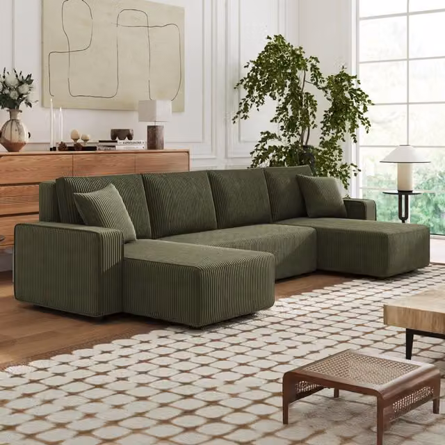 Sofá cama panorámico Salisbury de CONCEPT USINE de 6 plazas con baúl, tapizado en terciopelo verde a cuadros y estructura de madera, An/P/Al: 318 x 142 x 82 cm