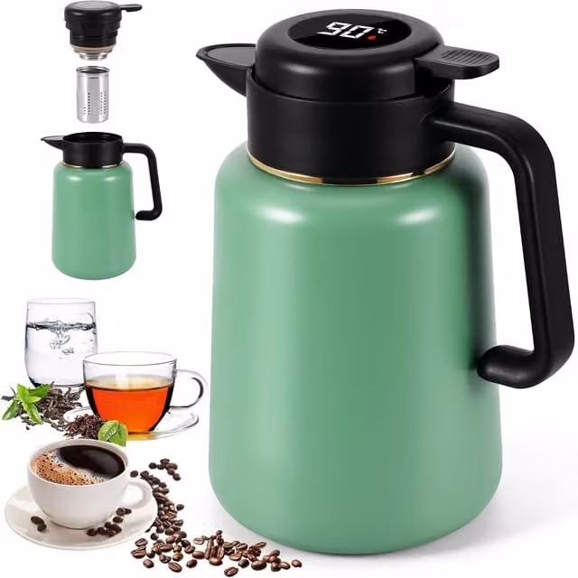 Termo Neptune de 1,5 l con infusor en color verde, fabricado en acero inoxidable con aislamiento al vacío de doble pared e indicador de temperatura para café, té o leche