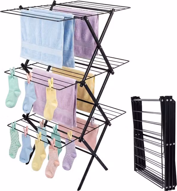 Tendedero de torre plegable relaxdays con 27 barras en 3 niveles de metal negro, An/P/Al: 53,5 x 52 x 115 cm