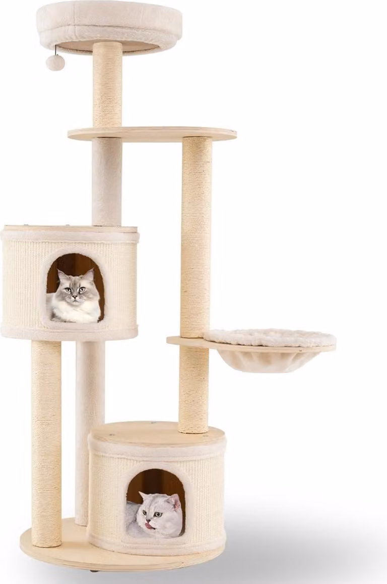 Árbol para gatos Northix con cueva, juguetes integrados y postes de sisal en color beige y marrón, Altura: 152 cm