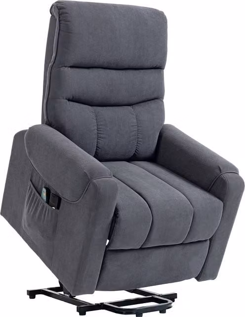Sillón elevador HOMCOM con masaje de 8 puntos, reposapiés, mando a distancia y bolsillo lateral en color gris, An/P/Al: 83 x 92 x 110 cm