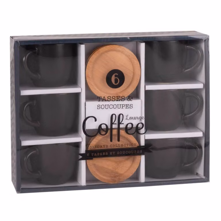 Juego de café de 6 tazas y platillos de cerámica negra y bambú Maisons du Monde
