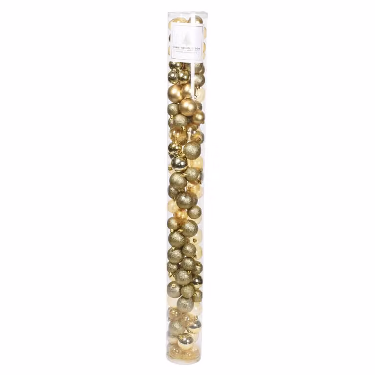 Set de 100 bolas de Navidad WellHome de polipropileno color dorado, redondas y lisas, Diámetro: 5 cm