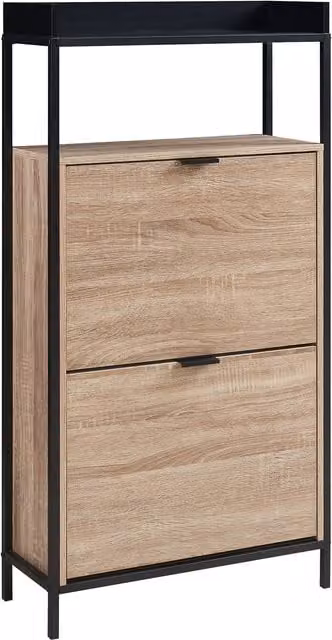 Zapatero Belana en.casa con puertas abatibles y estante superior, Negro/Efecto Roble, An/P/Al: 115.5 x 23.5 x 60 cm